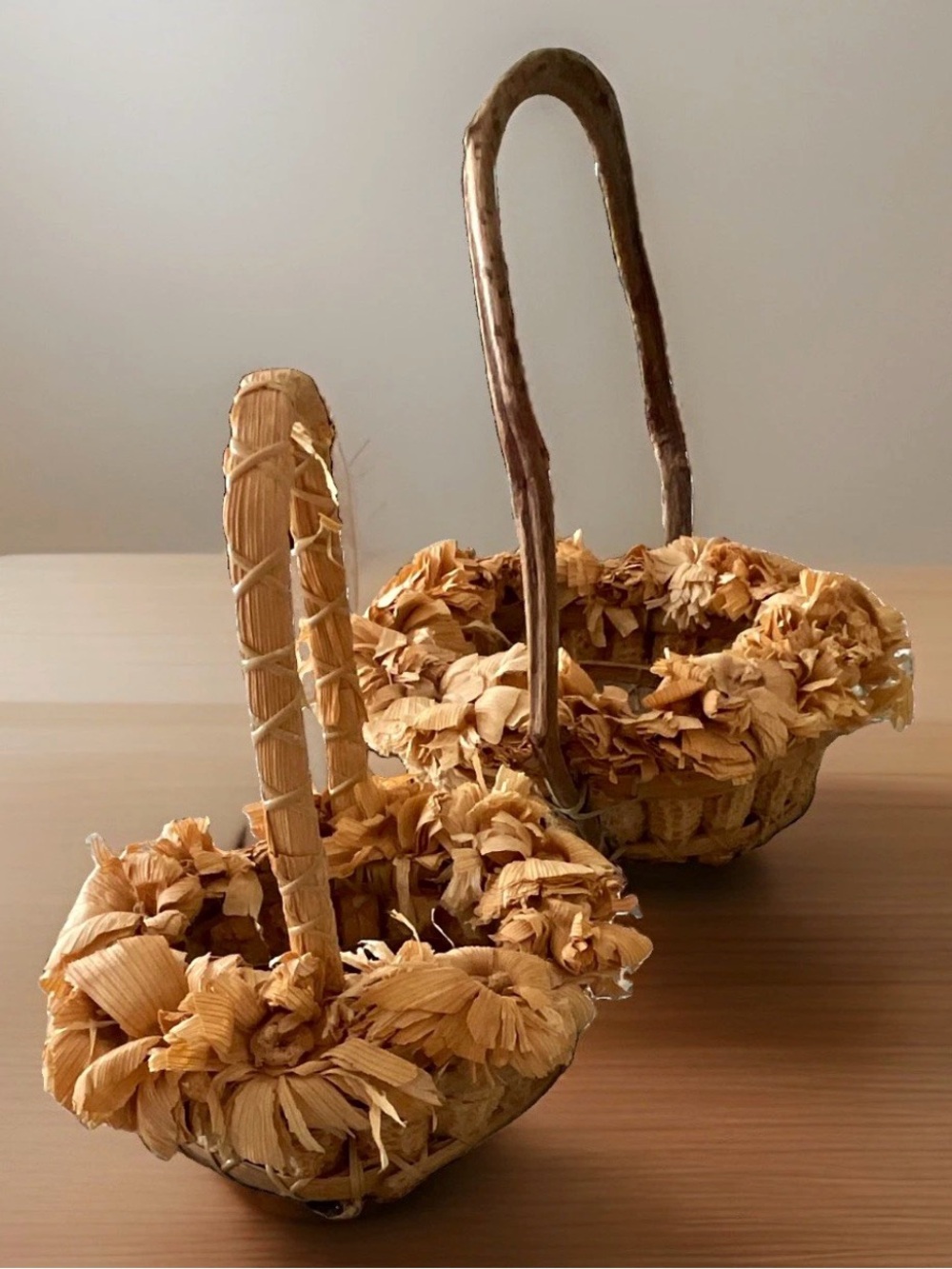 Vtg Corn Husk & Cob Baskets Set of 2 Twig Handles Rustic Fall Thanksgiving